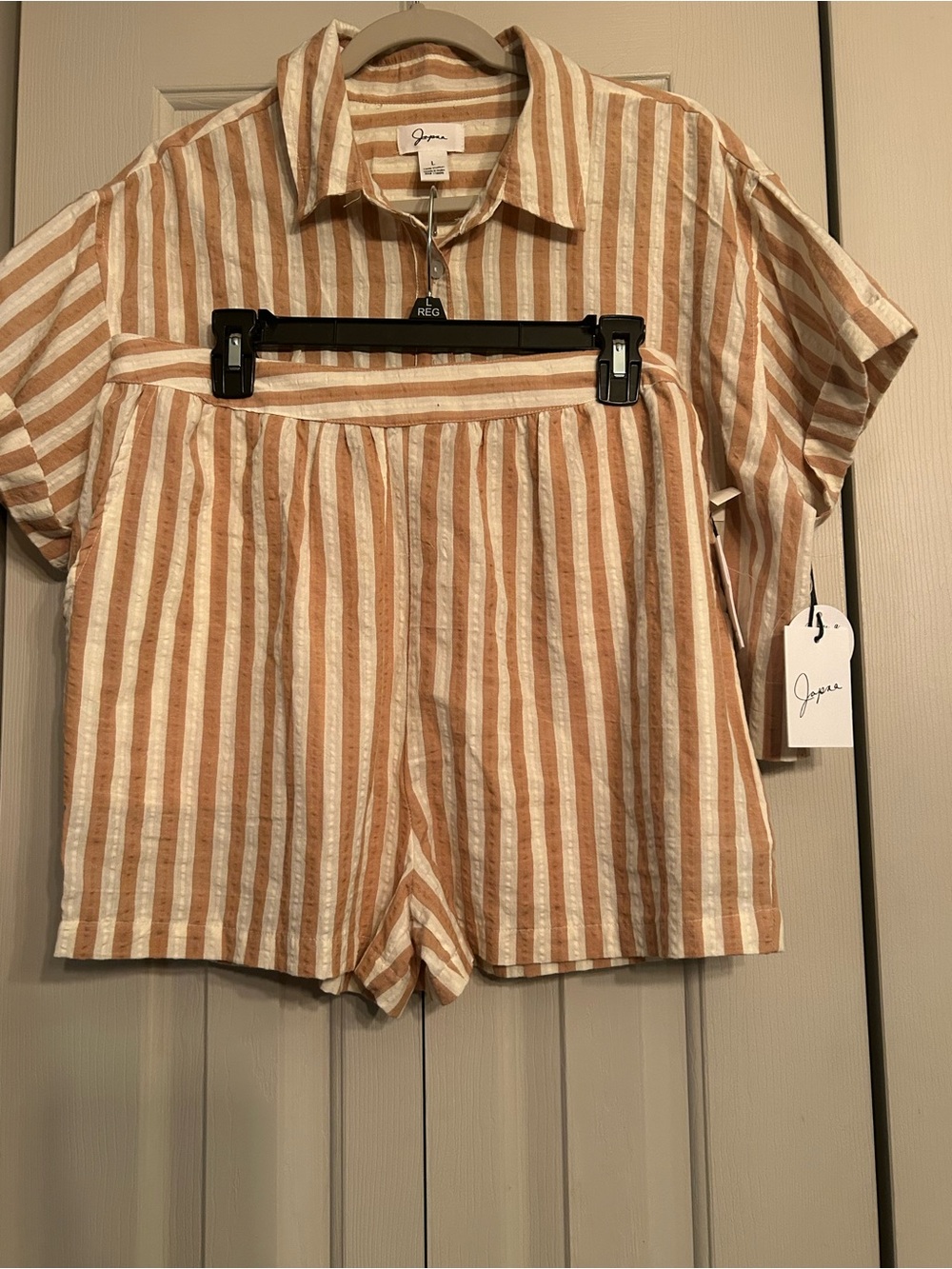 Jopna Cream and Beige Striped Short-Sleeve Button Crop Shirt and Shorts